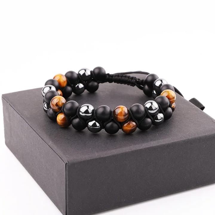 Bracelet TRIPLE PROTECTION <<ONYX+HEMATITE+ ŒIL de TIGRE>>