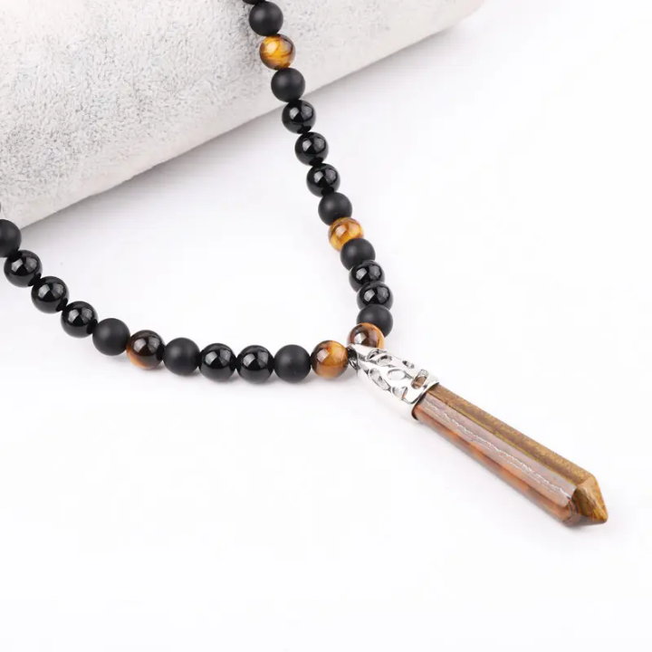 Collier ONYX, ŒIL DE TIGRE & AGATE NOIRE – Pendentif Pointe Œil de Tigre