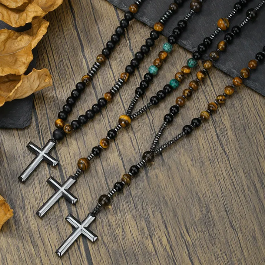 Collier ONYX & ŒIL DE TIGRE – Croix en Acier Inoxydable