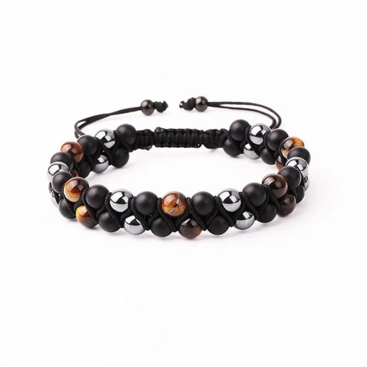 Bracelet TRIPLE PROTECTION <<ONYX+HEMATITE+ ŒIL de TIGRE>>
