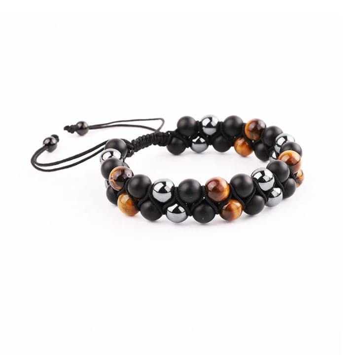 Bracelet TRIPLE PROTECTION <<ONYX+HEMATITE+ ŒIL de TIGRE>>