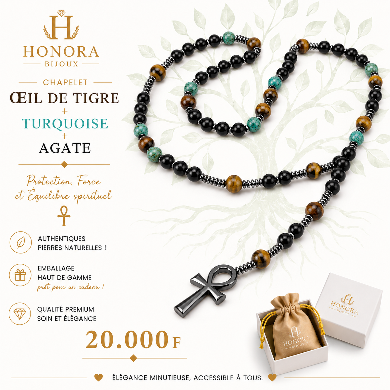 Collier ŒIL DE TIGRE & TURQUOISE AFRICAINE – Croix en Acier Inoxydable