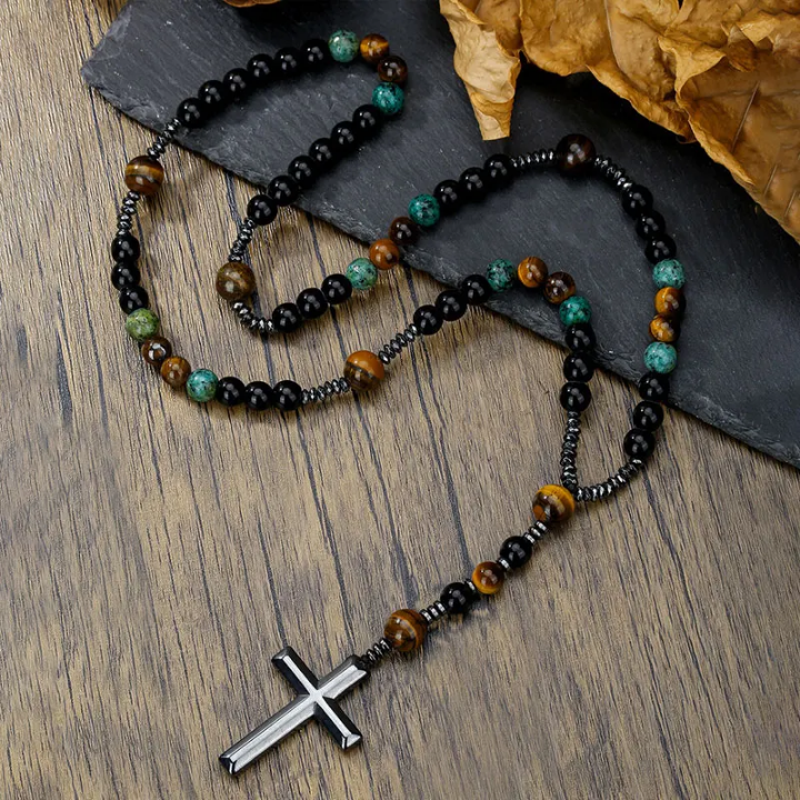 Collier ŒIL DE TIGRE & TURQUOISE AFRICAINE – Croix en Acier Inoxydable