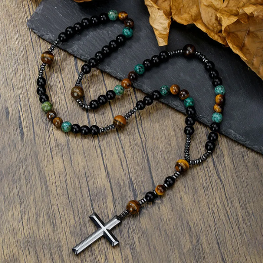 Collier ŒIL DE TIGRE & TURQUOISE AFRICAINE – Croix en Acier Inoxydable