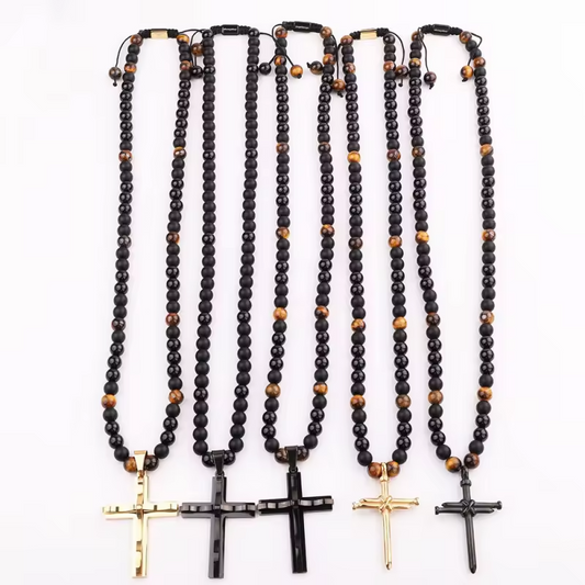 Collier croix ONYX- OEIL DE TIGRE