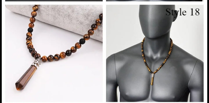 Collier ŒIL DE TIGRE & ONYX – Pendentif Pointe Œil de Tigre