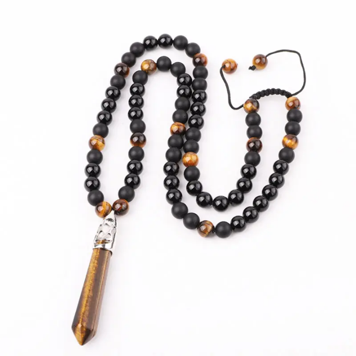 Collier ONYX, ŒIL DE TIGRE & AGATE NOIRE – Pendentif Pointe Œil de Tigre