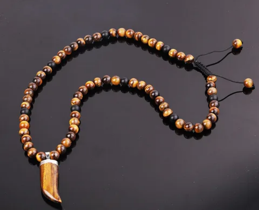 Collier ŒIL DE TIGRE & ONYX – Dent de Bœuf