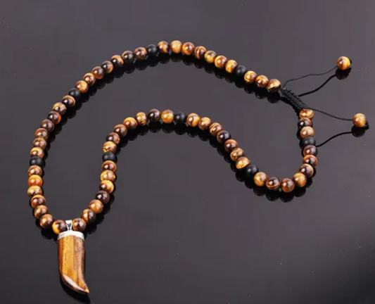 Collier ŒIL DE TIGRE & ONYX – Dent de Bœuf