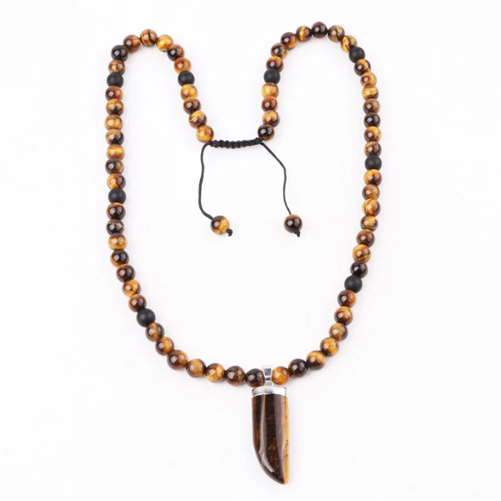 Collier ŒIL DE TIGRE & ONYX – Dent de Bœuf