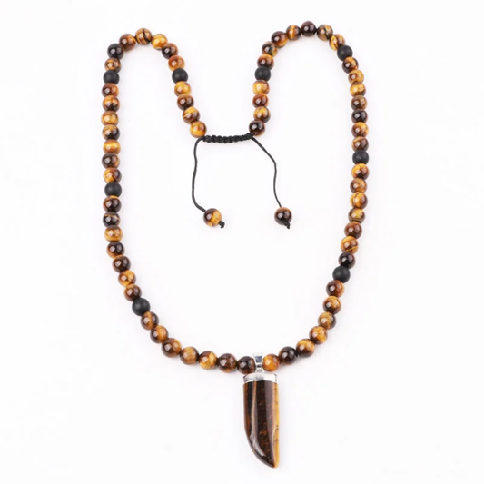 Collier ŒIL DE TIGRE & ONYX – Dent de Bœuf