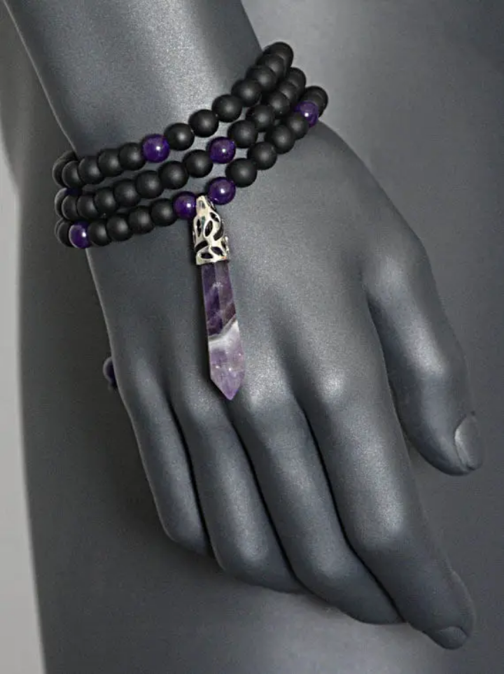 Collier AMÉTHYSTE & ONYX – Pendentif Pointe Améthyste