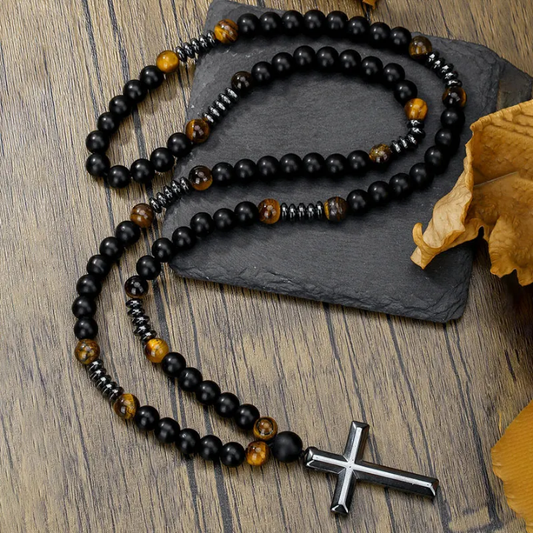 Collier ONYX & ŒIL DE TIGRE – Croix en Acier Inoxydable