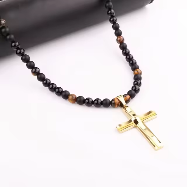 Collier croix ONYX- OEIL DE TIGRE