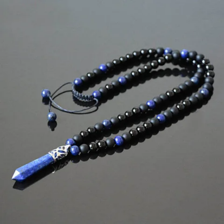 Collier ONYX, AGATE & LAPIS-LAZULI – Pendentif Pointe Lapis-Lazuli