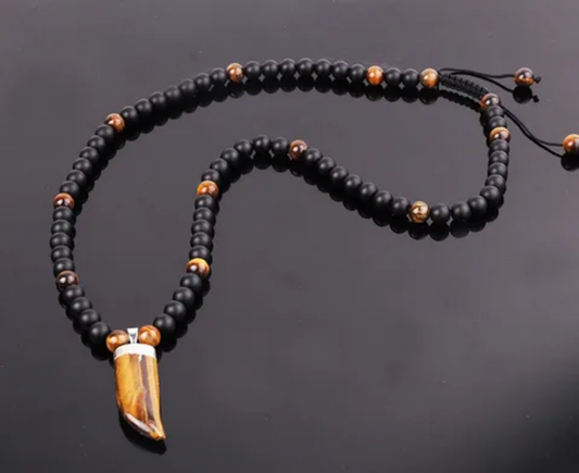 Collier ONYX & ŒIL DE TIGRE – Dent de Bœuf