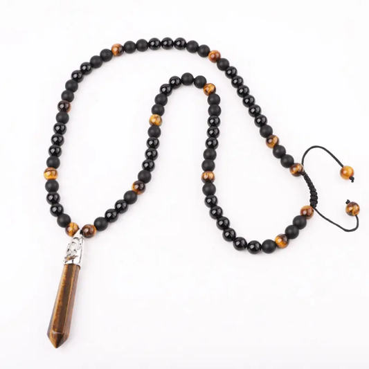 Collier ONYX, ŒIL DE TIGRE & AGATE NOIRE – Pendentif Pointe Œil de Tigre