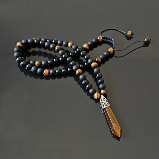 Collier ONYX, ŒIL DE TIGRE & AGATE NOIRE – Pendentif Pointe Œil de Tigre